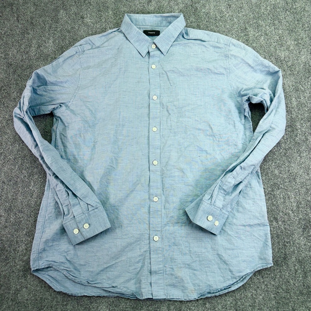 Theory Shirt Men's XL Light Blue Edward Essential Linen Cotton Blend Button Down